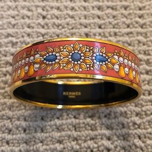 Hermes Flower Printed Gold Enamel Wide Bangle